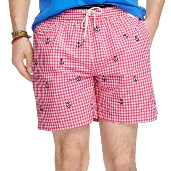 Polo Ralph Lauren Mens Swim Shorts Red Gingham Anchor Print Traveler Size XXL - Picture 2 of 15